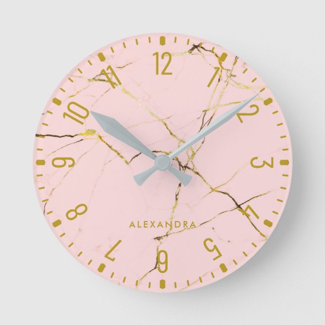 Relógio Redondo Trendy Glam Faux Rosa Dourado Olha Marble Round Cl (Frente)