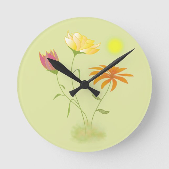 Relógio Redondo Três Flores no Sol - transparentes. (Frente)