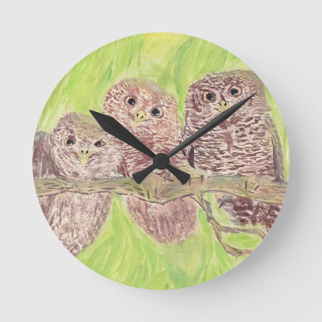 Relógio Redondo Três Pequenas Corujas De Vassoura - pintura acríli (Frente)