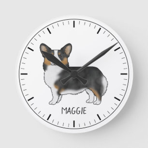 Relógio Redondo Tricolor Negro Pembroke Welsh Corgi E Nome