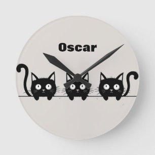 Relógio Redondo Trio Adorável de Gatos Pretos