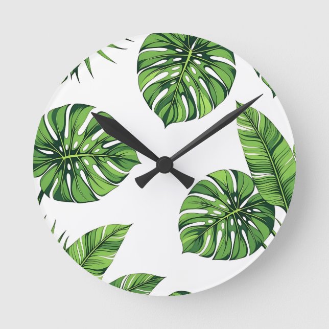 Relógio Redondo Tropical Monstera Leaves Seamless Pattern Green (Frente)