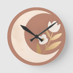 Relógio Redondo Tulipa Floral Lua Crescente Minimalista