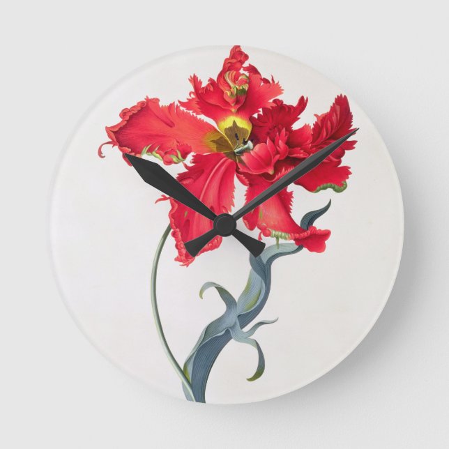 Relógio Redondo Tulipa: Vermelho de Perroquet (Frente)