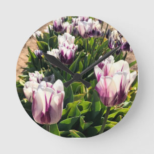 Relógio Redondo Tulipas de Stripe Branca e Roxa