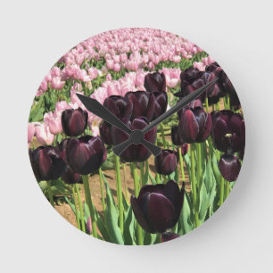 Relógio Redondo Tulipas Roxas Escuras e Rosa