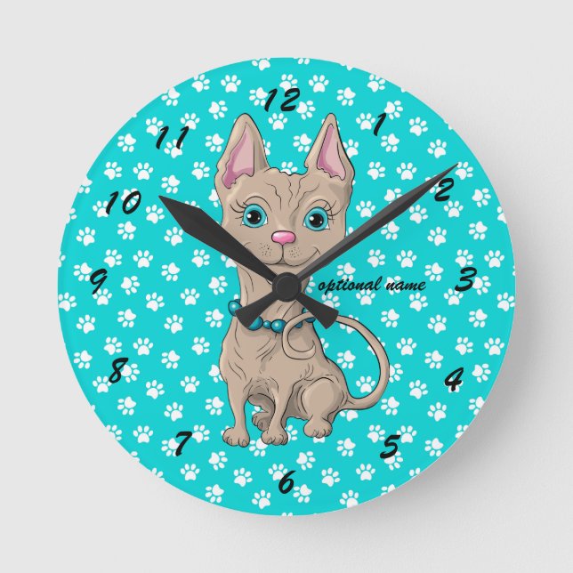 Relógio Redondo Turquesa Paw Imprime Sphynx Cat Wall Clock (Frente)