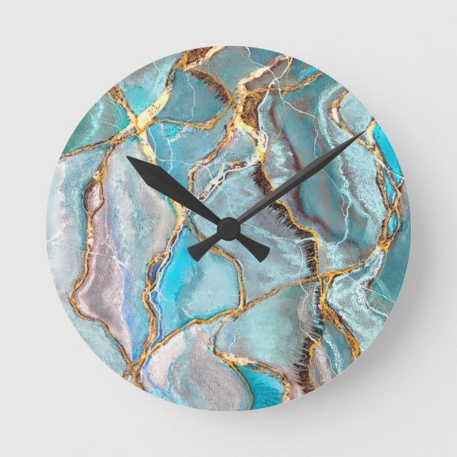 Relógio Redondo Turquoise Teal Geode Kintsugi Tabuleiro Acrílico D (Frente)