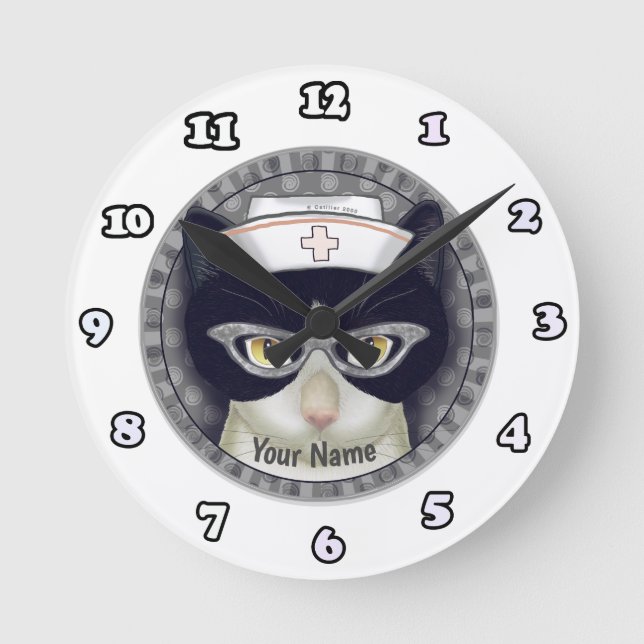 Relógio Redondo Tuxedo Cat Nurse clock (Frente)