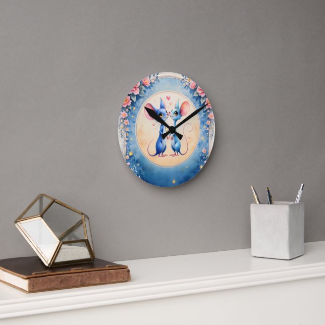 Relógio Redondo Two Hearts, One Love – Wedding Mice.  (Escritório)