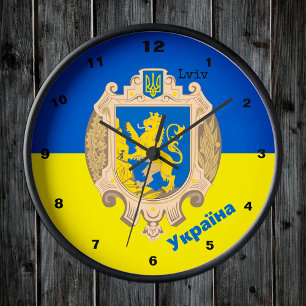 Relógio Redondo Ucrânia e Lviv - Casaco de Armas, Bandeira Ucrani