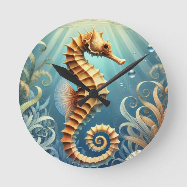 Relógio Redondo Um elegante cavalo marinho nadando debaixo d'água (Frente)