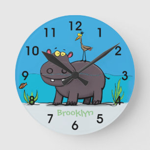 Relógio Redondo Um hipopótamo engraçado bonito com desenho animado