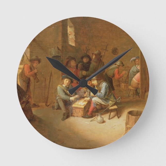Relógio Redondo Um interior de guarda com soldados tocando cartas  (Frente)