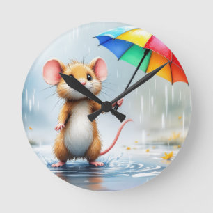 Relógio Redondo Um rato com uma cor d'água do guarda-chuva arco-ír