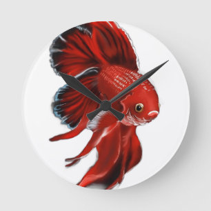 Relógio Redondo Um vibrante peixe betta vermelho nadando.