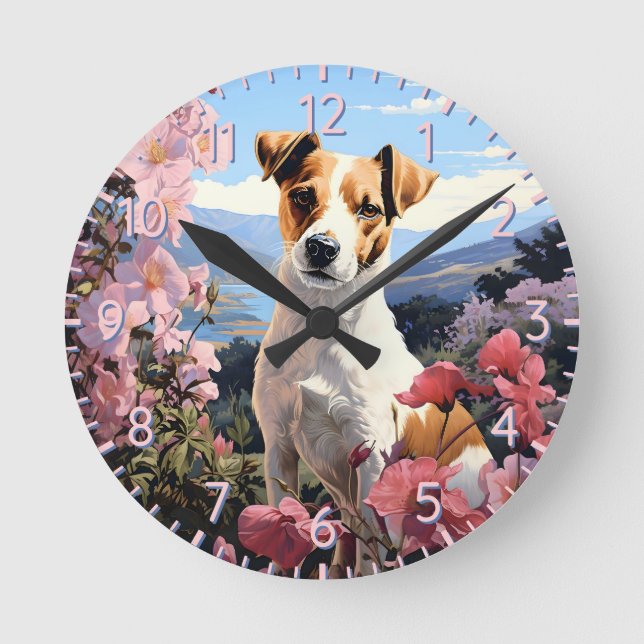 Relógio Redondo Uma Haven Floral de Jack Russell Terrier (Frente)