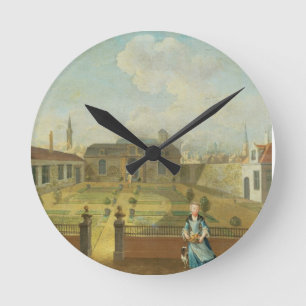 Relógio Redondo Uma jovem senhora com seu cão na frente de um