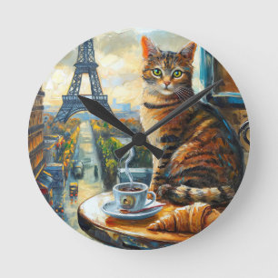 Relógio Redondo Uma Manhã em Paris Gato Malhado em um Café