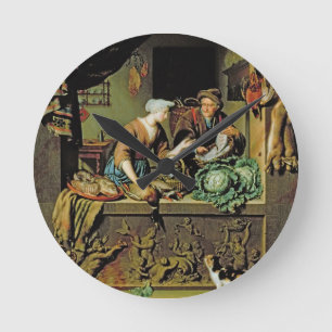 Relógio Redondo Uma mulher e um Peddler dos peixes, 1713 (óleo no