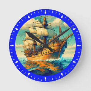Relógio Redondo Uma Pintura De Um Navio Com As Velas Para Baixo- 5