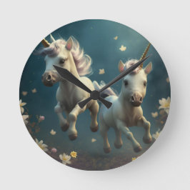 Relógio Redondo Unicórnios florais fofos voando pequeno pônei   Cl
