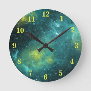 Relógio Redondo Universo Estrela Nebulosa Espaço Aquarela Amarelo