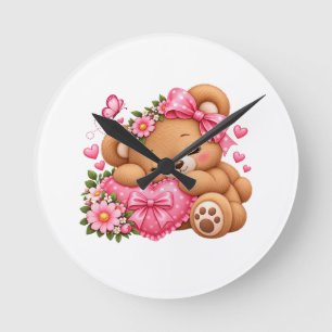 Relógio Redondo Ursa Teddy Adorável com Laço Rosa e Corações Fof