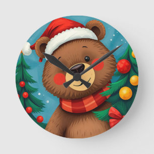 Relógio Redondo Urso de Chapéu de Papai Noel Entre Árvores de Nata