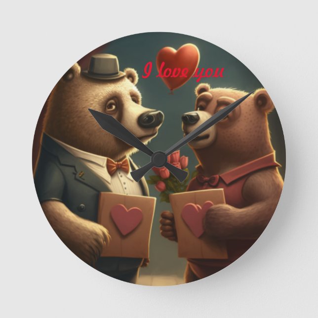 Relógio Redondo Urso de desenho animado do Dia dos Namorados (Frente)