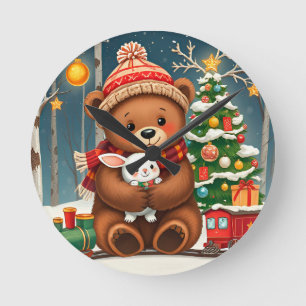Relógio Redondo Urso Fofo Segurando Coelho Perto da Árvore de Nata