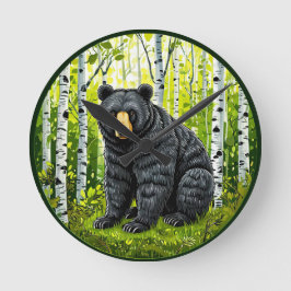 Relógio Redondo Urso Negro em uma Floresta de Bétulas