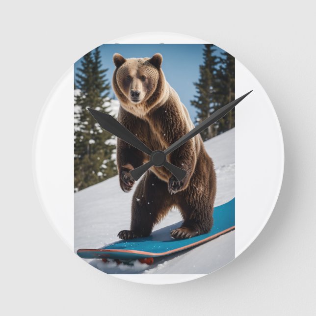 Relógio Redondo Urso Pardo Fazendo Snowboard com Equipamento de In (Frente)