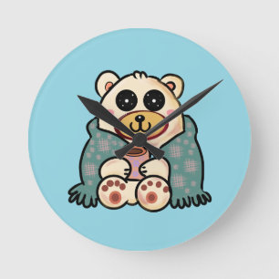 Relógio Redondo Urso Polar Personalizado com Café   Arte Fofa de I