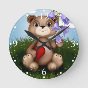 Relógio Redondo Urso Segurando Buquê Flor-30926