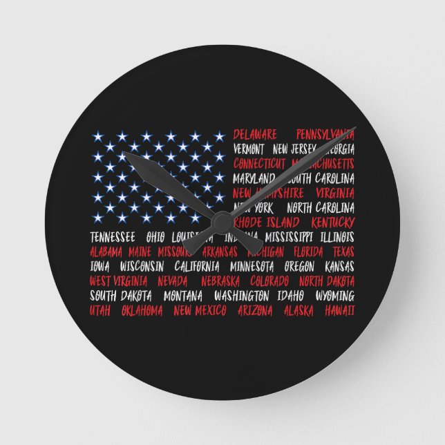 Relógio Redondo USA American Flag All 50 State Names (Frente)