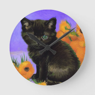 Relógio Redondo Van Gogh Black Kitten com Girassóis