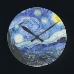 Relógio Redondo Van Gogh Starry Night<br><div class="desc">"van gogh", vincante, noite estrelada, pintura, famoso, vintage, estrelas, céu, arte, azul</div>
