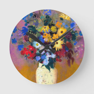 Relógio Redondo Vaso Branco com Flores Odilon Redon