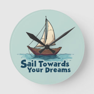 Relógio Redondo Velho Barco à Vela Citação Inspiradora Náutica