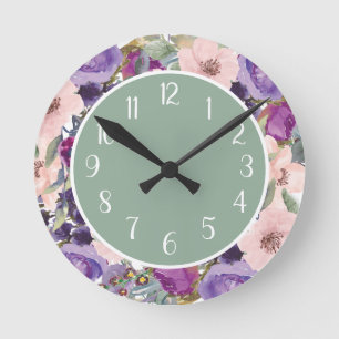 Relógio Redondo Verde-Verde-Flor-Cor-de-Água Púrpura