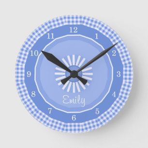 Relógio Redondo Verificações de Gingham Azul Numeradas