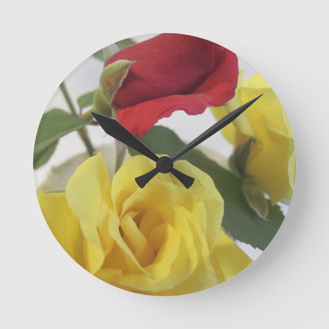 Relógio Redondo Vermelho Amd Rosas Amarelas (Frente)