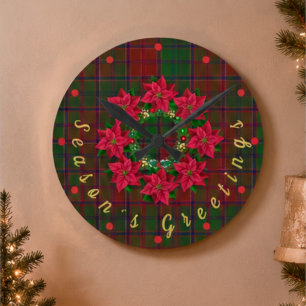 Relógio Redondo Vermelho Xadrez Tartan Poinsettia Natal