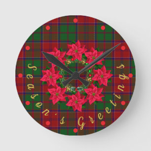 Relógio Redondo Vermelho Xadrez Tartan Poinsettia Natal
