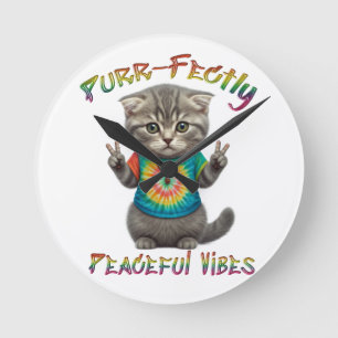 Relógio Redondo Vibrações Pacíficas de Gatinho Boho Hippie