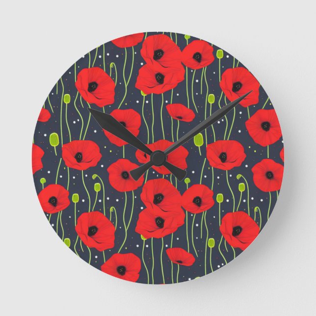 Relógio Redondo Vibrant Modern Red Poppies Pattern Art (Frente)
