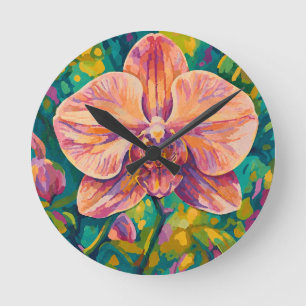 Relógio Redondo Vibrante Arte de Parede Floral de Orquídea