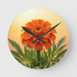Relógio Redondo Vibrante Flor de Marigold Laranja Dourado do Pôr d