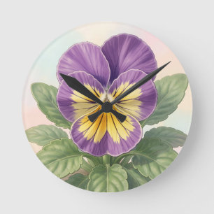 Relógio Redondo Vibrante Flor de Pansy Amarelo Roxo Botânica 